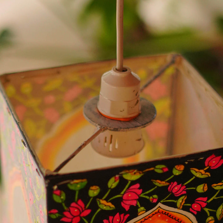 Hand Painted Lotus Tholu Bommalata Parchment Leather Hanging Lamp/Kandil - Black