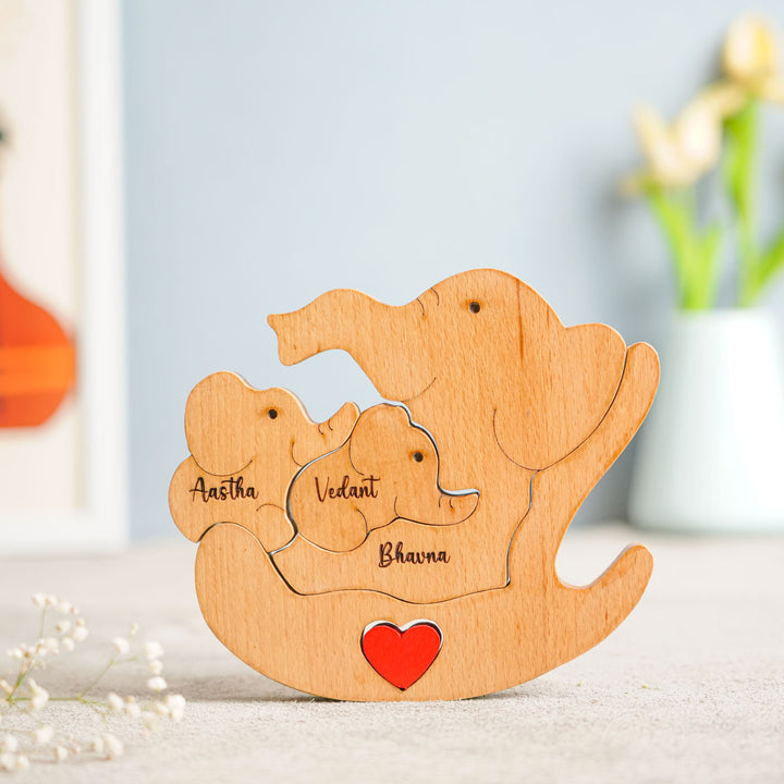 Personalized Elephant Mom & 2 Kids Wooden Figurine