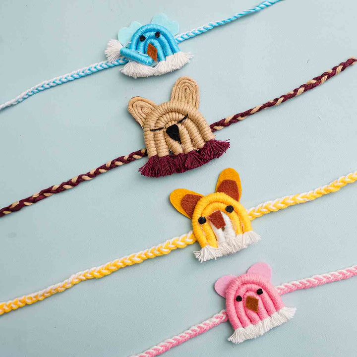 Handmade Macrame Blue Ellie Design Cotton Kids Rakhi With Chocolates & Roli Chawal
