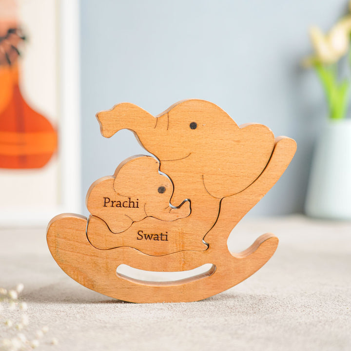 Personalized Elephant Mom & Baby Wooden Figurine