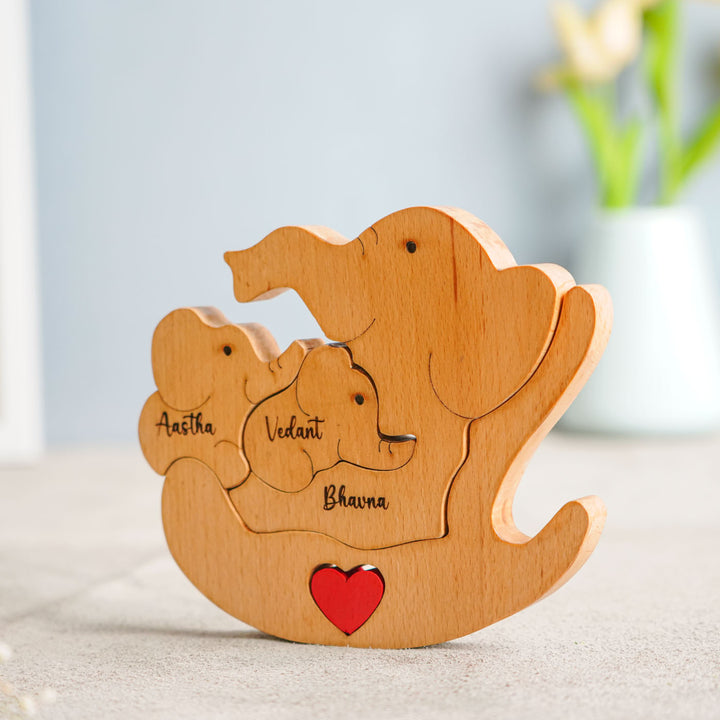 Personalized Elephant Mom & 2 Kids Wooden Figurine