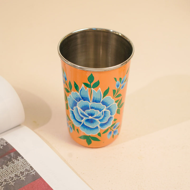 Hand-Painted Kashmiri Art Floral Stainless Steel Glass | Set Of 2