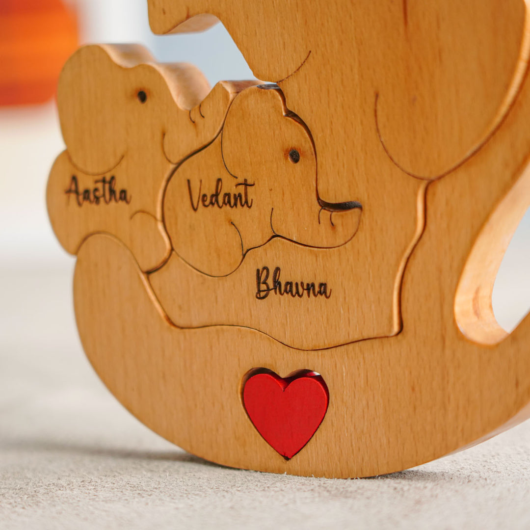 Personalized Elephant Mom & 2 Kids Wooden Figurine