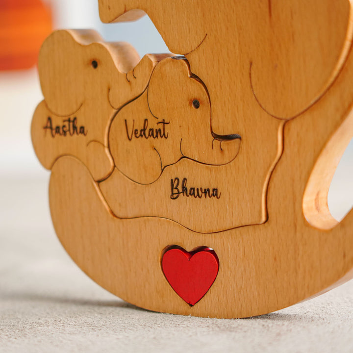 Personalized Elephant Mom & 2 Kids Wooden Figurine