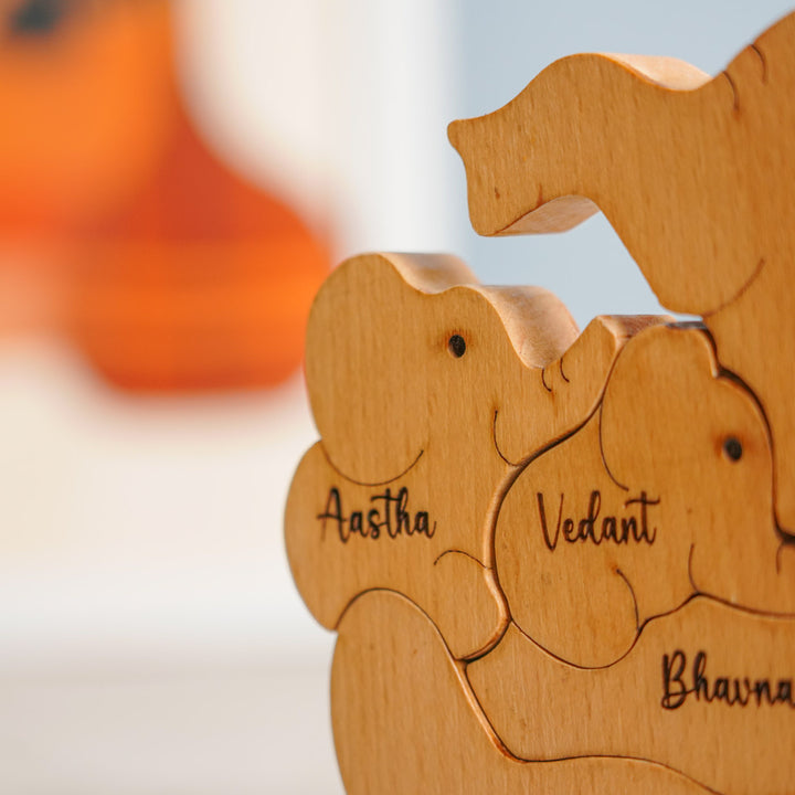 Personalized Elephant Mom & 2 Kids Wooden Figurine