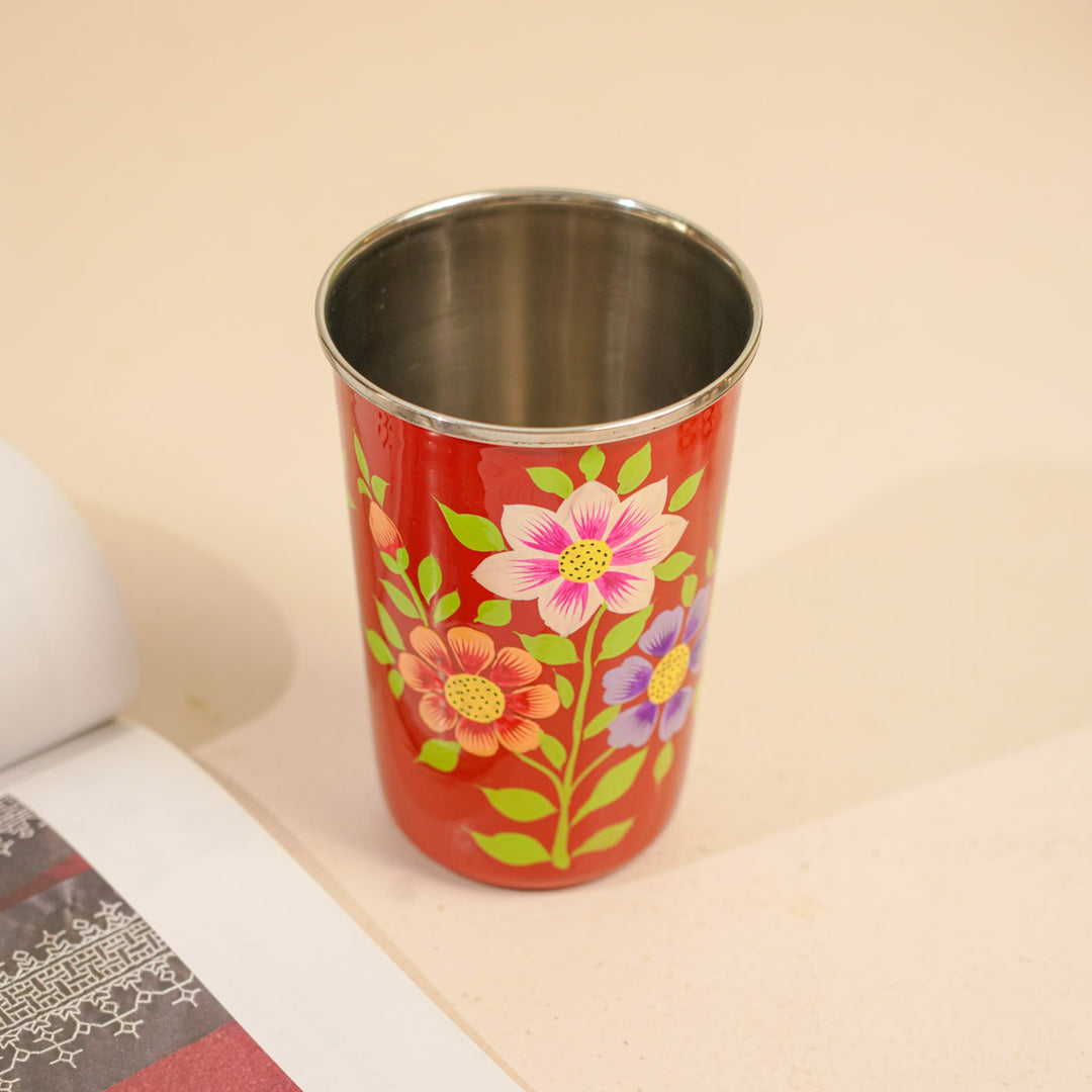 Hand-Painted Kashmiri Art Floral Stainless Steel Glass | Set Of 2
