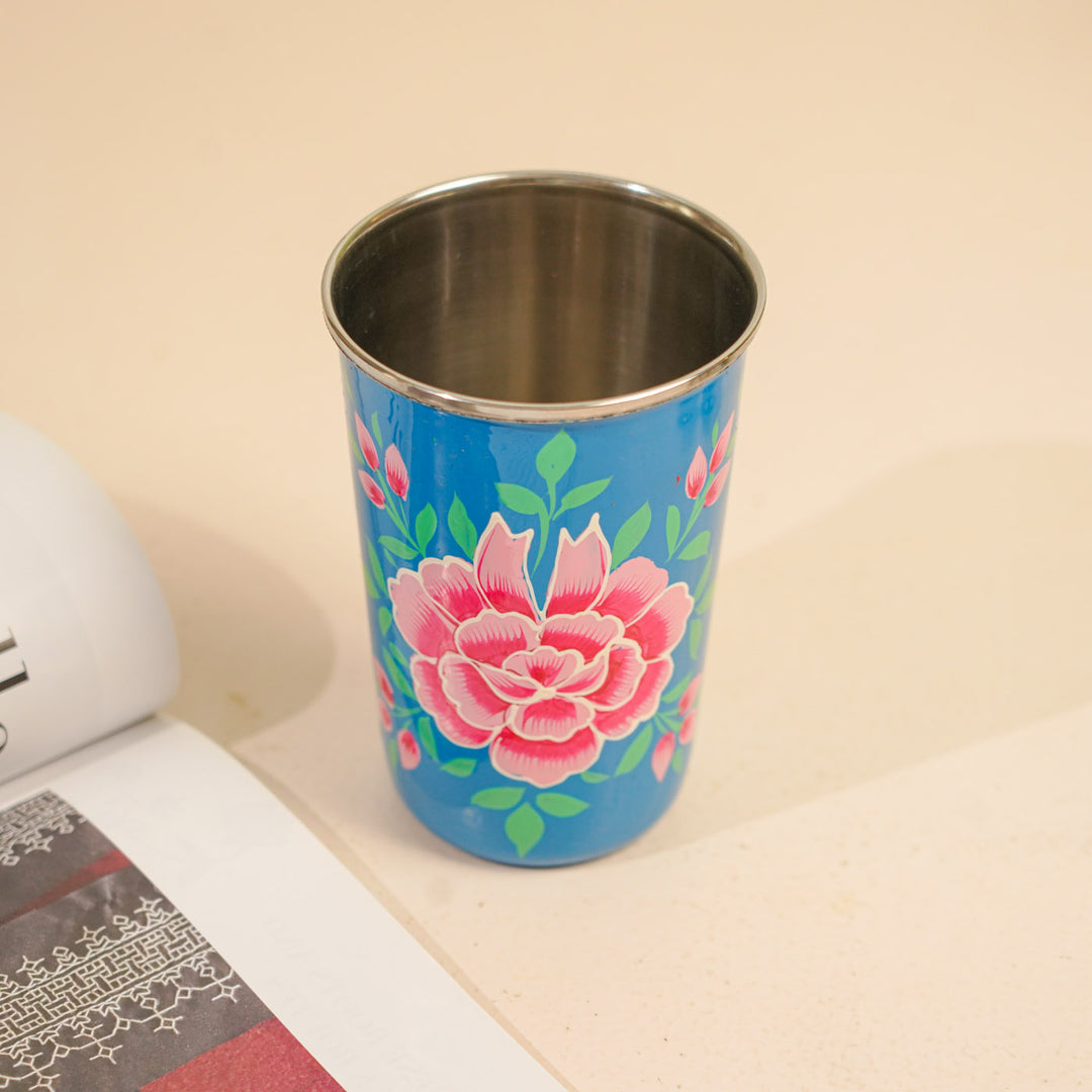 Hand-Painted Kashmiri Art Floral Stainless Steel Glass | Set Of 2