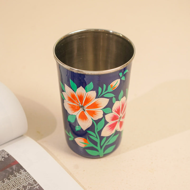 Hand-Painted Kashmiri Art Floral Stainless Steel Glass | Set Of 2