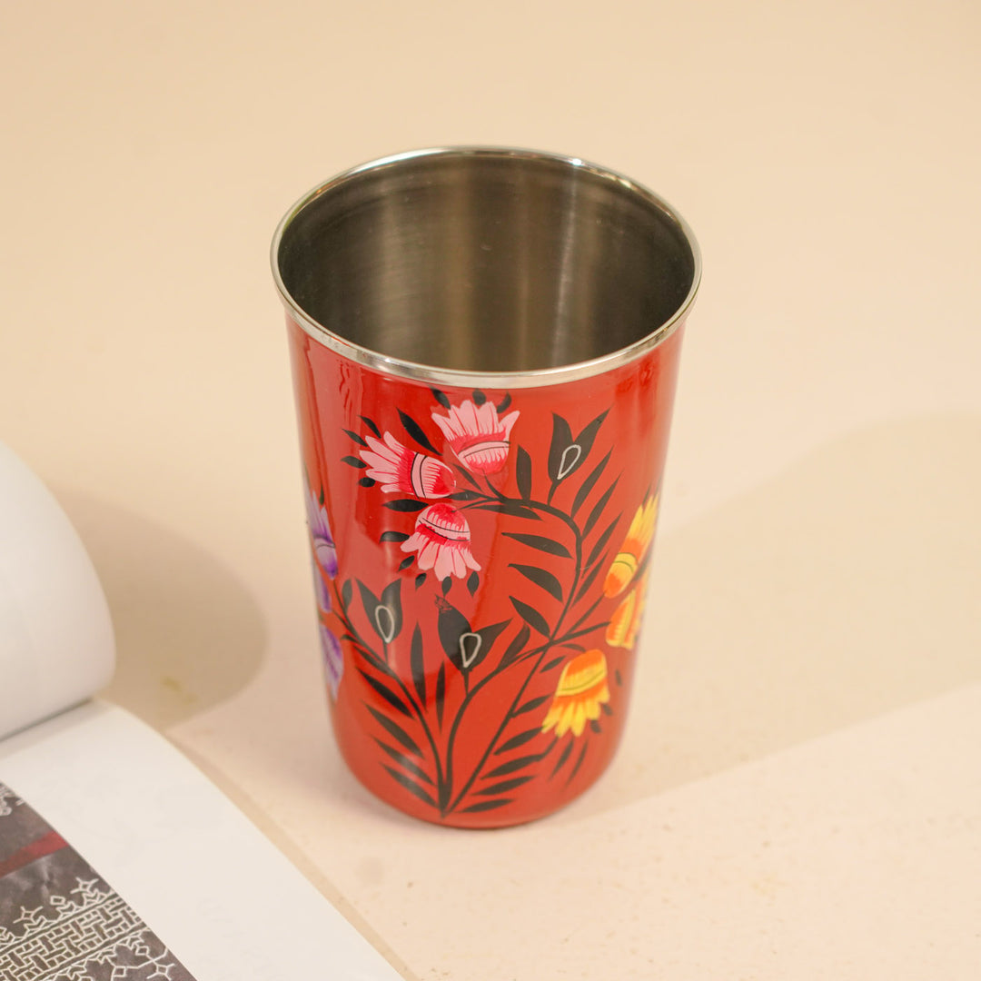 Hand-Painted Kashmiri Art Floral Stainless Steel Glass | Set Of 2