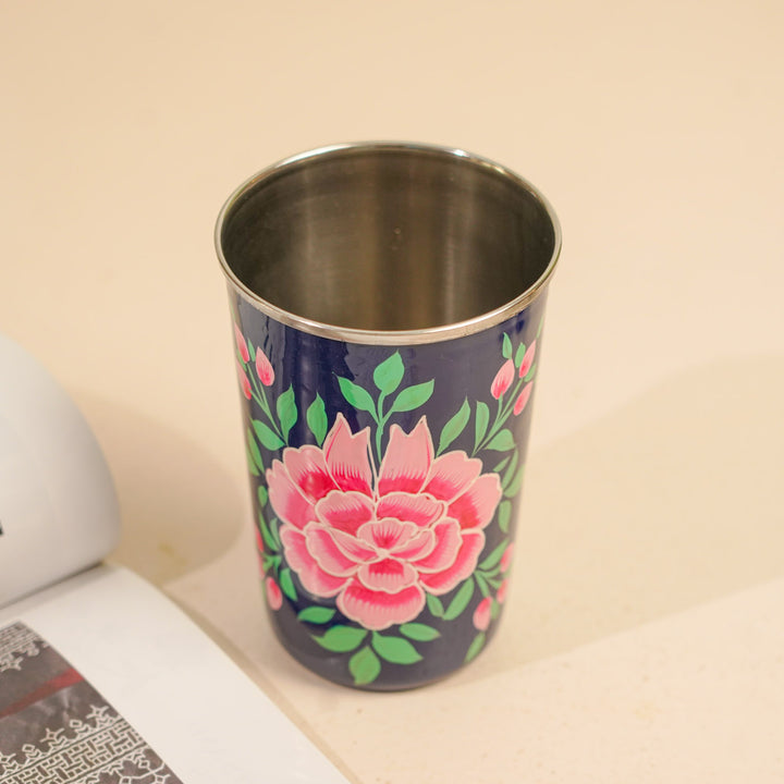 Hand-Painted Kashmiri Art Floral Stainless Steel Glass | Set Of 2