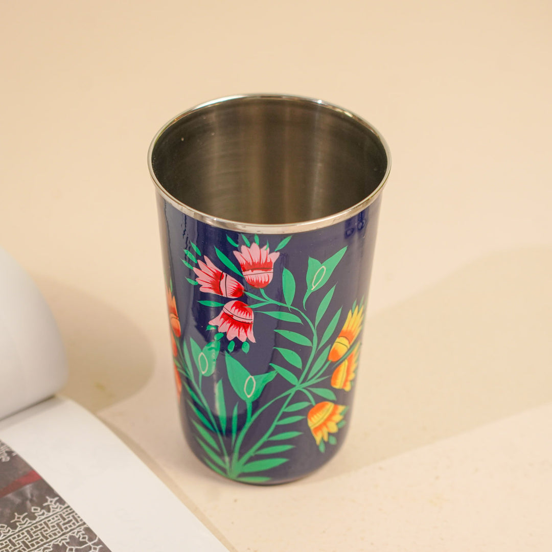 Hand-Painted Kashmiri Art Floral Stainless Steel Glass | Set Of 2
