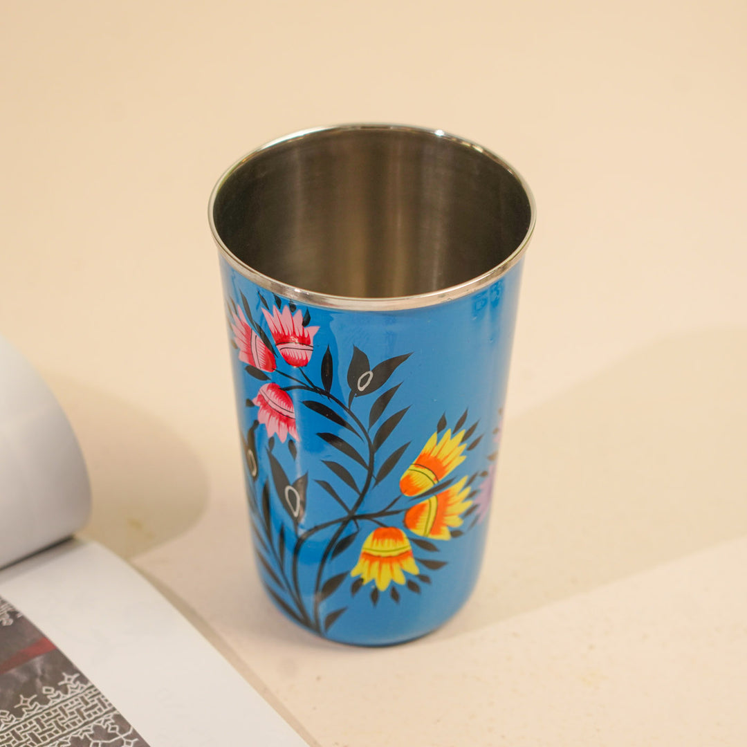 Hand-Painted Kashmiri Art Floral Stainless Steel Glass | Set Of 2