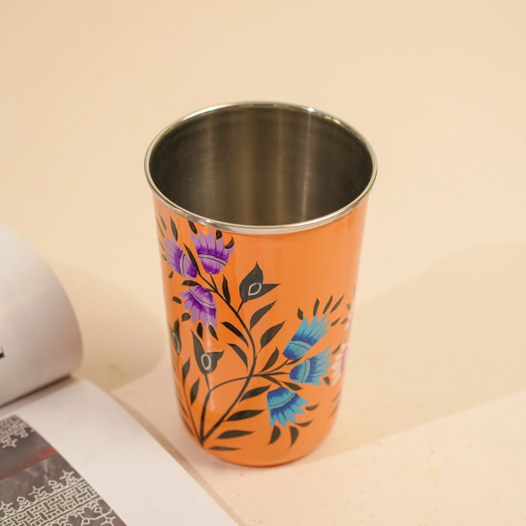 Hand-Painted Kashmiri Art Floral Stainless Steel Glass | Set Of 2