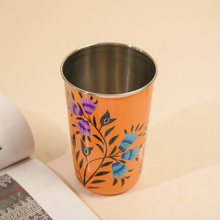 Hand-Painted Kashmiri Art Floral Stainless Steel Glass | Set Of 2