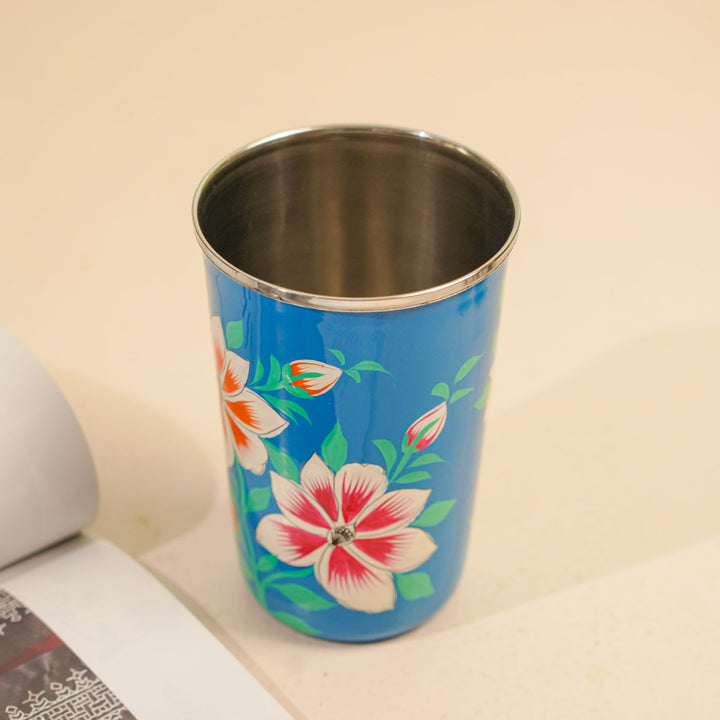 Hand-Painted Kashmiri Art Floral Stainless Steel Glass | Set Of 2