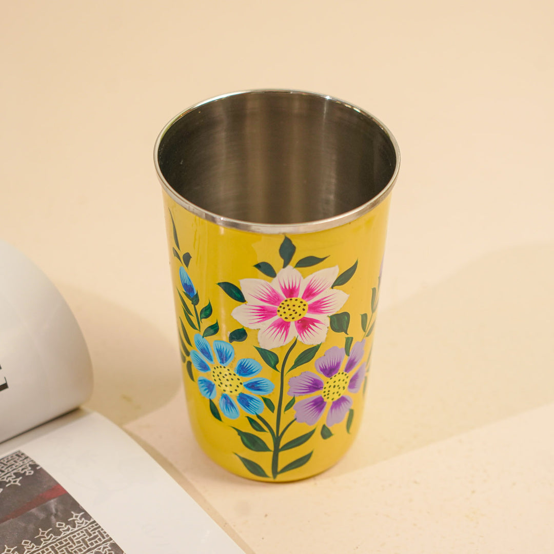 Hand-Painted Kashmiri Art Floral Stainless Steel Glass | Set Of 2