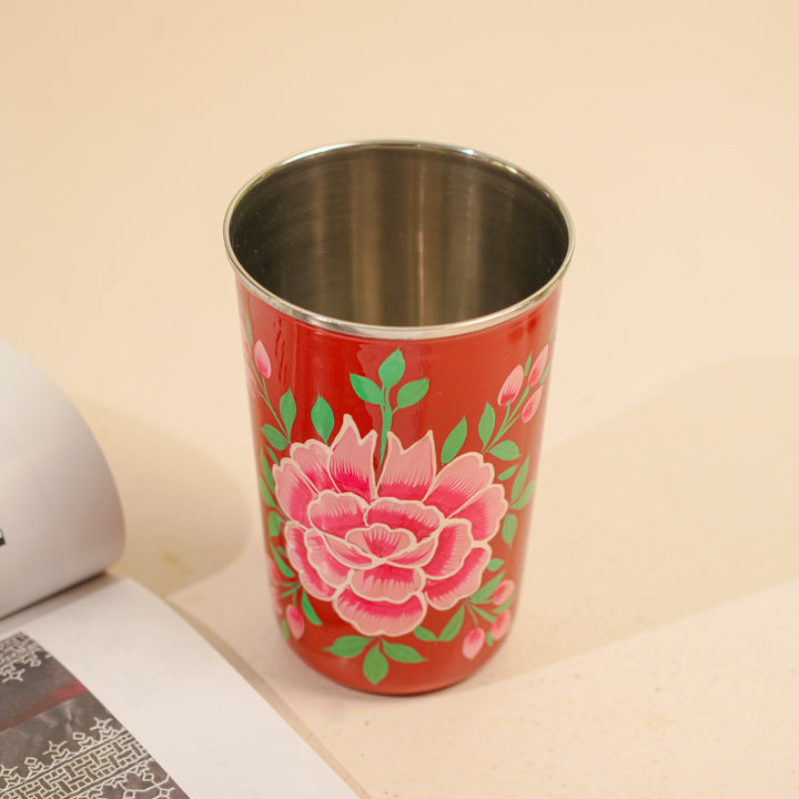 Hand-Painted Kashmiri Art Floral Stainless Steel Glass | Set Of 2