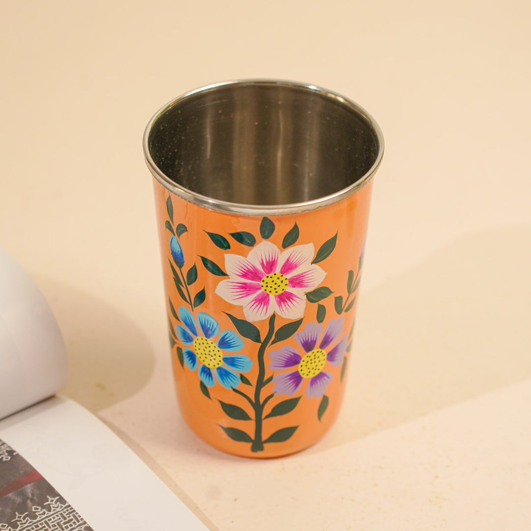 Hand-Painted Kashmiri Art Floral Stainless Steel Glass | Set Of 2
