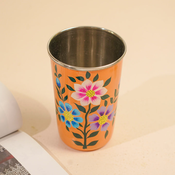 Hand-Painted Kashmiri Art Floral Stainless Steel Glass | Set Of 2