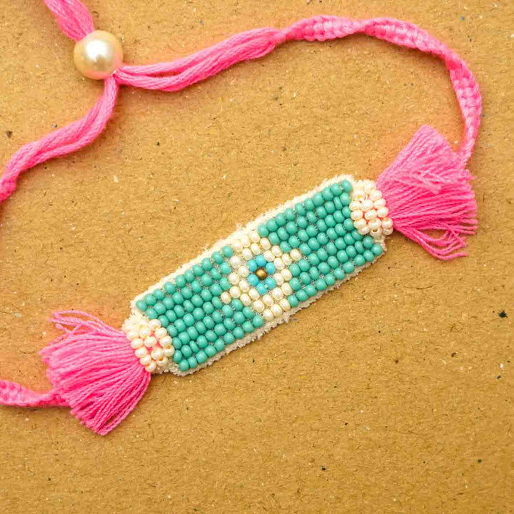 Reusable Beaded Evil Eye Lumba Rakhi For Bhabhi With Roli Chawal - Close-up of beadwork bracelet