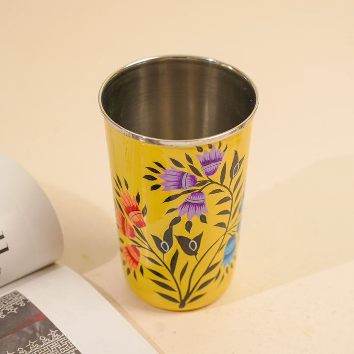 Hand-Painted Kashmiri Art Floral Stainless Steel Glass | Set Of 2