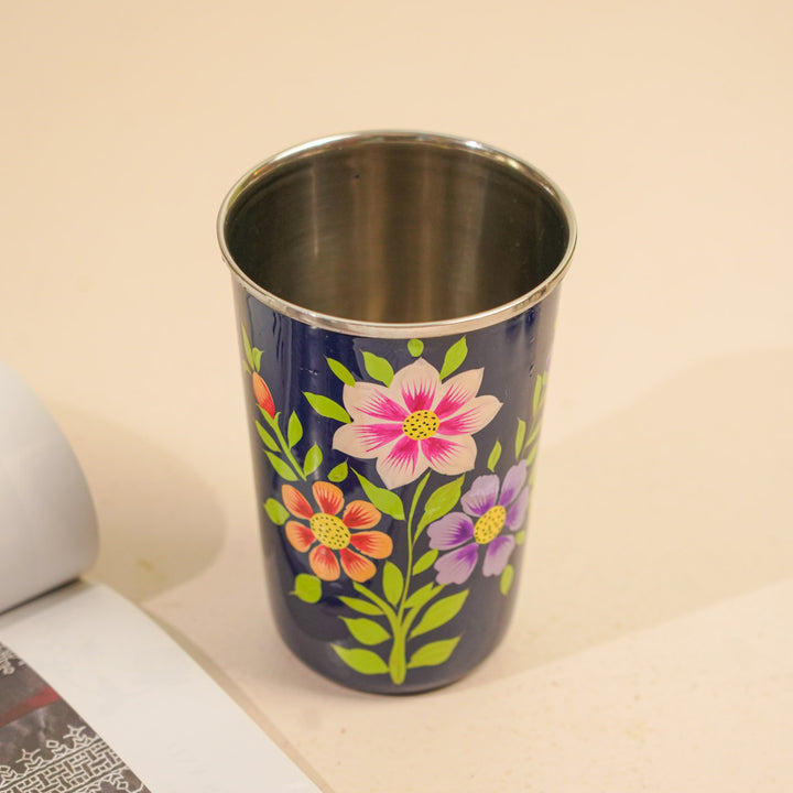 Hand-Painted Kashmiri Art Floral Stainless Steel Glass | Set Of 2