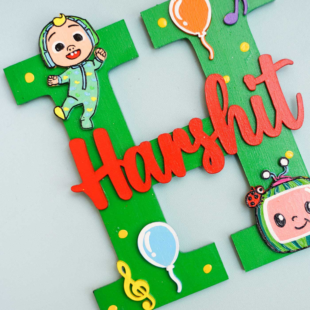 Hand Painted Personalised Kids Cocomelon & Balloon Themed Monogram Nameplate