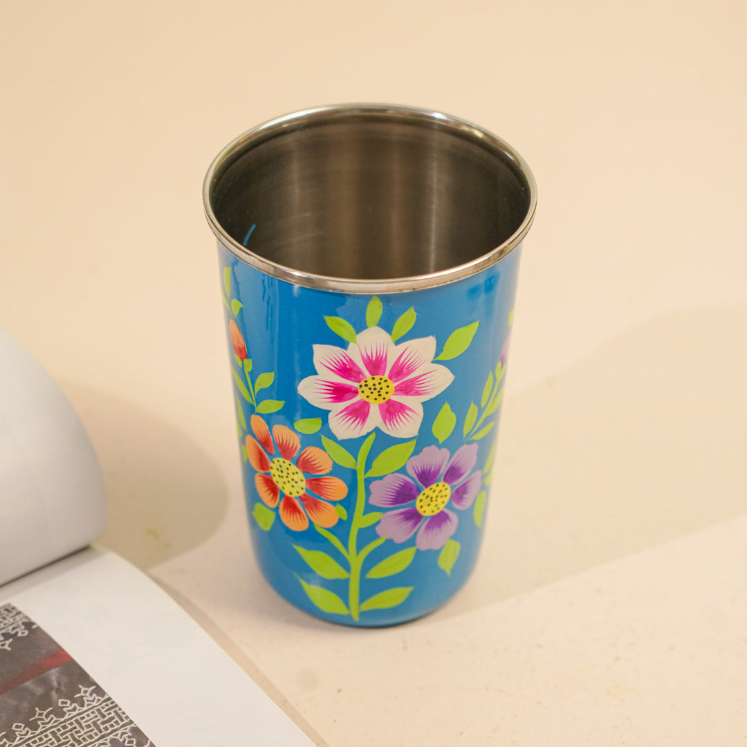 Hand-Painted Kashmiri Art Floral Stainless Steel Glass | Set Of 2
