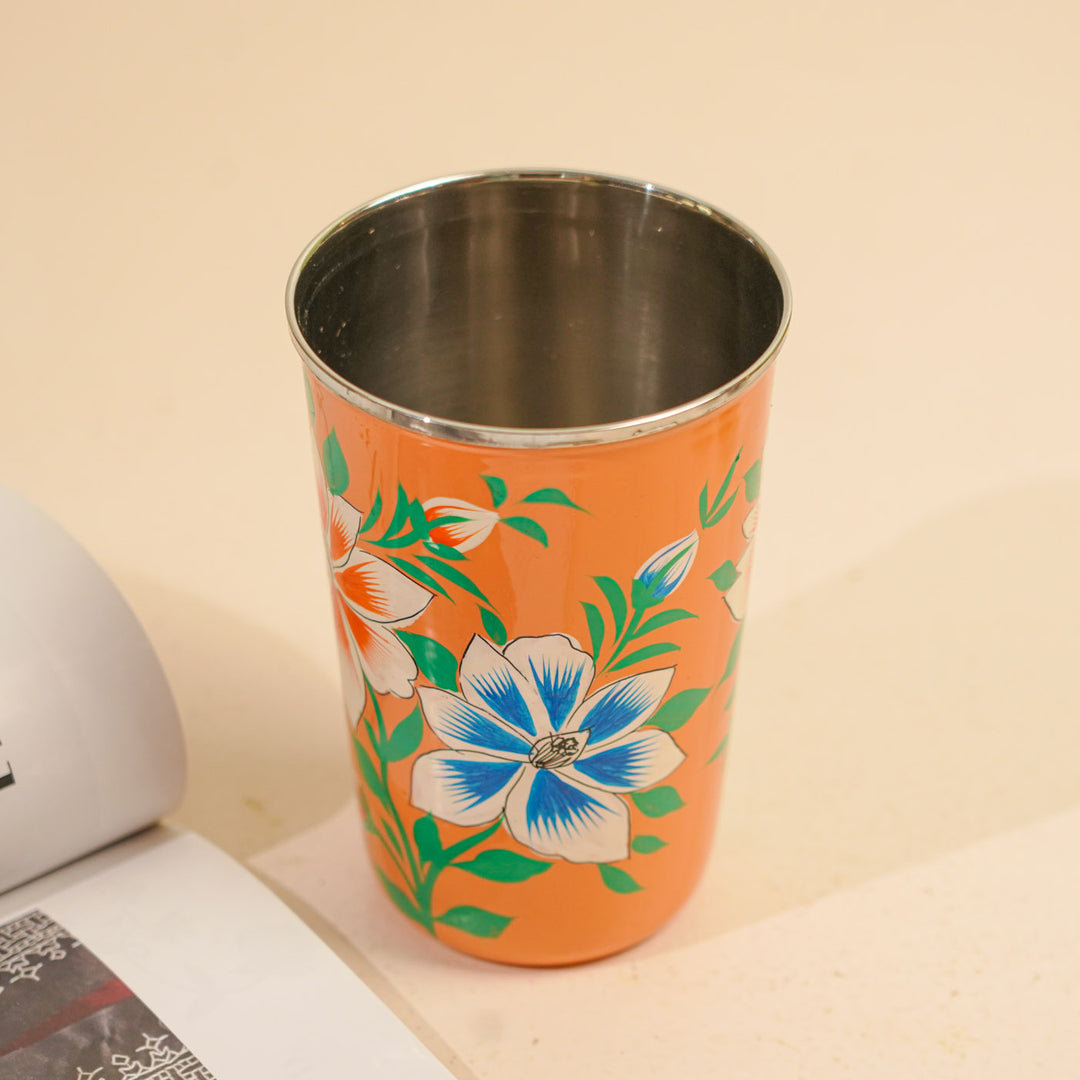 Hand-Painted Kashmiri Art Floral Stainless Steel Glass | Set Of 2
