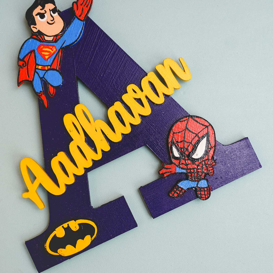 Hand Painted Personalised Kids Spiderman Themed Monogram Name Plate - Top Angled View with Name Personalization