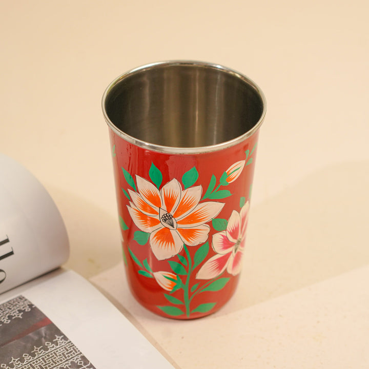 Hand-Painted Kashmiri Art Floral Stainless Steel Glass | Set Of 2