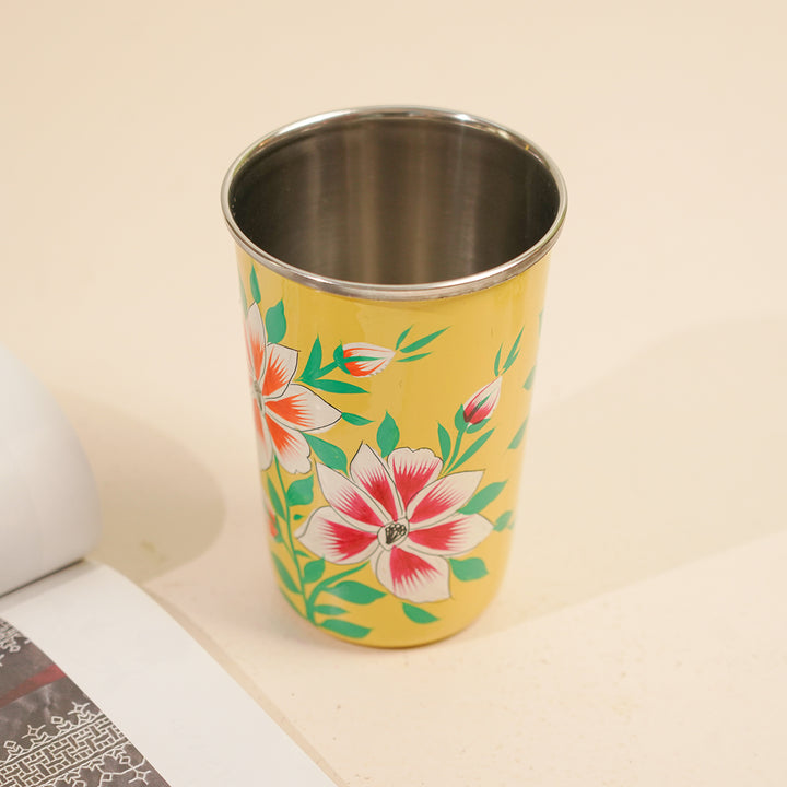 Hand-Painted Kashmiri Art Floral Stainless Steel Glass | Set Of 2