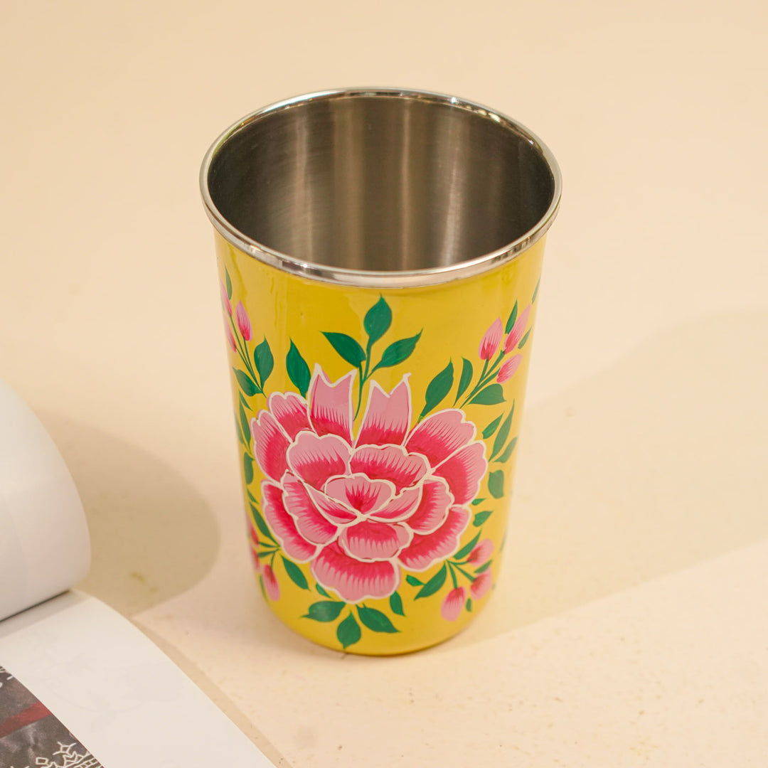 Hand-Painted Kashmiri Art Floral Stainless Steel Glass | Set Of 2