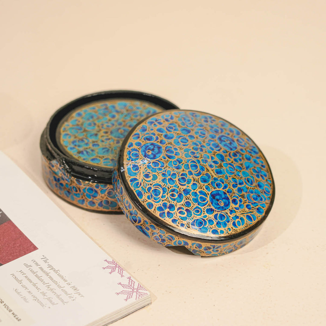 Hand-painted Blue & Gold Paper Mache Coaster Set | Includes 6 Coasters, 1 Box