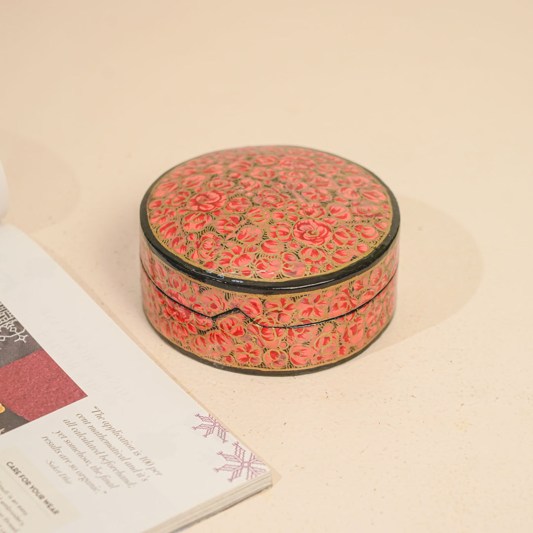 Hand-painted Red Paper Mache Coaster Set | Includes 6 Coasters, 1 Box