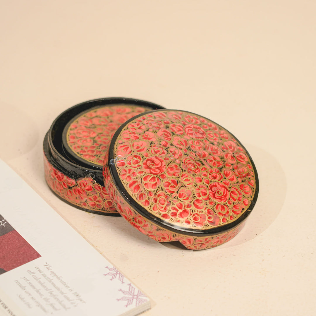 Hand-painted Red Paper Mache Coaster Set | Includes 6 Coasters, 1 Box