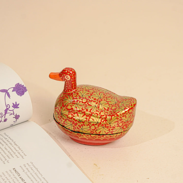 Hand-Painted Red & Gold Kashmiri Paper Mache Duck Trinket Box