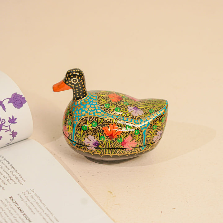 Hand-Painted Multicolor Kashmiri Paper Mache Duck Trinket Box