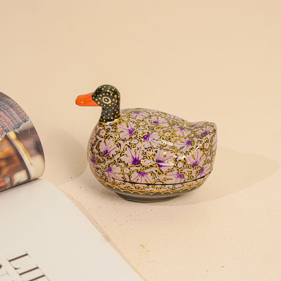Hand-Painted Lavendar Kashmiri Paper Mache Duck Trinket Box
