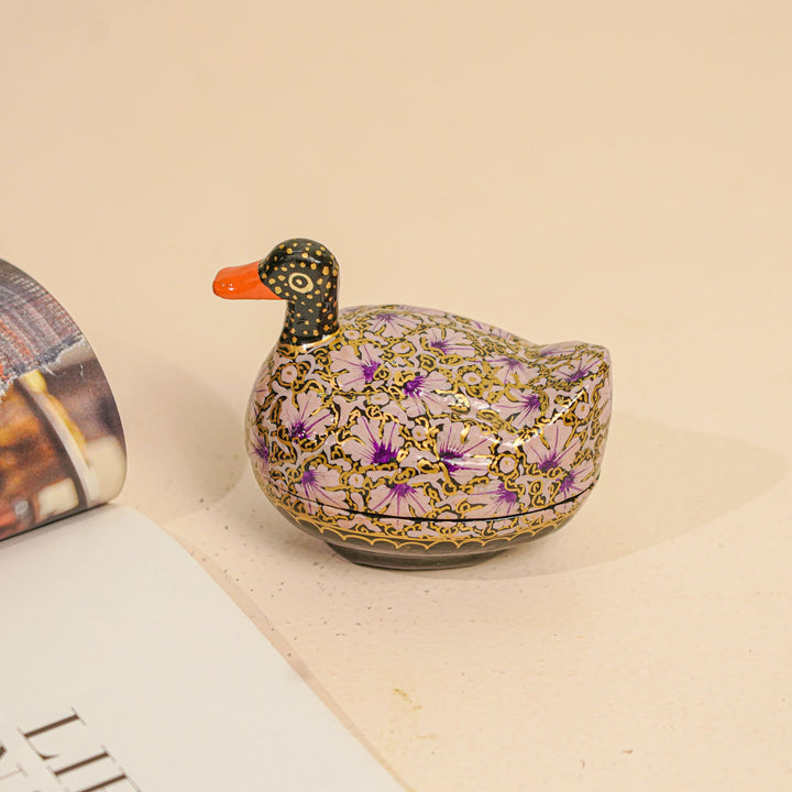 Hand-Painted Lavendar Kashmiri Paper Mache Duck Trinket Box