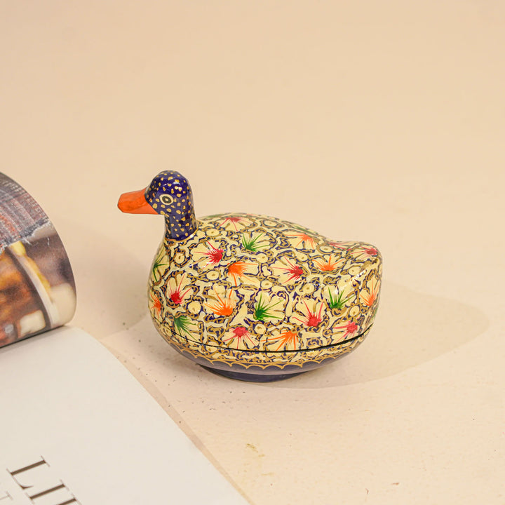 Hand-Painted Kashmiri Paper Mache Duck Trinket Box