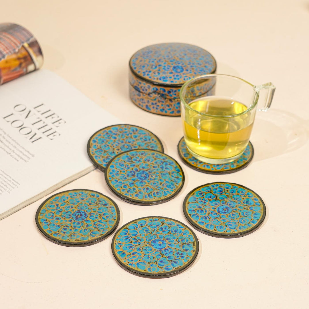 Hand-painted Blue & Gold Paper Mache Coaster Set | Includes 6 Coasters, 1 Box