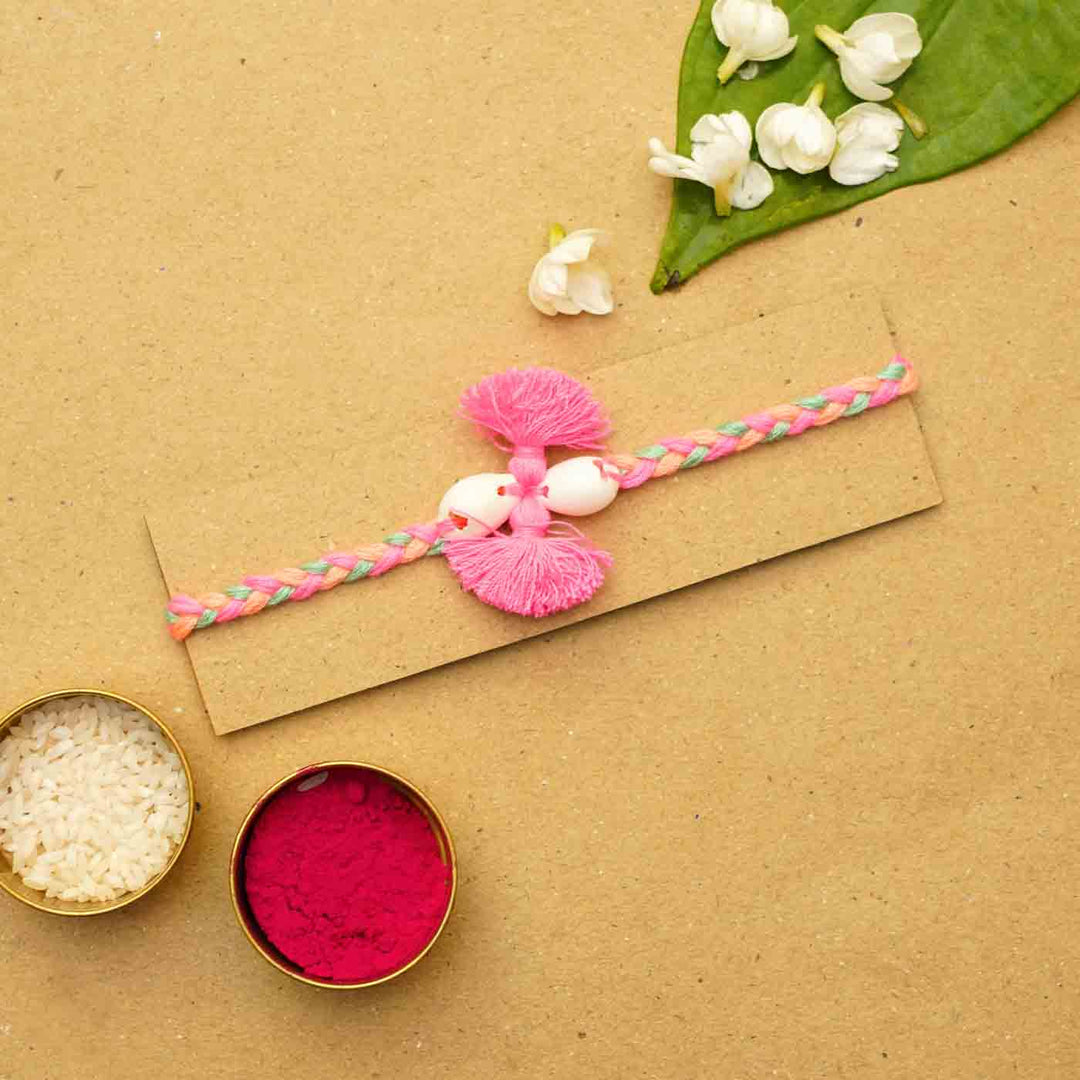 Reusable Beaded Tassel Rakhi With Roli Chawal - Bracelet on Display Card