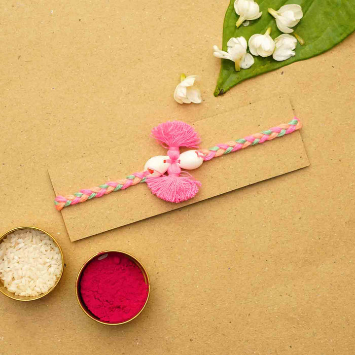 Reusable Beaded Tassel Rakhi With Roli Chawal - Bracelet on Display Card