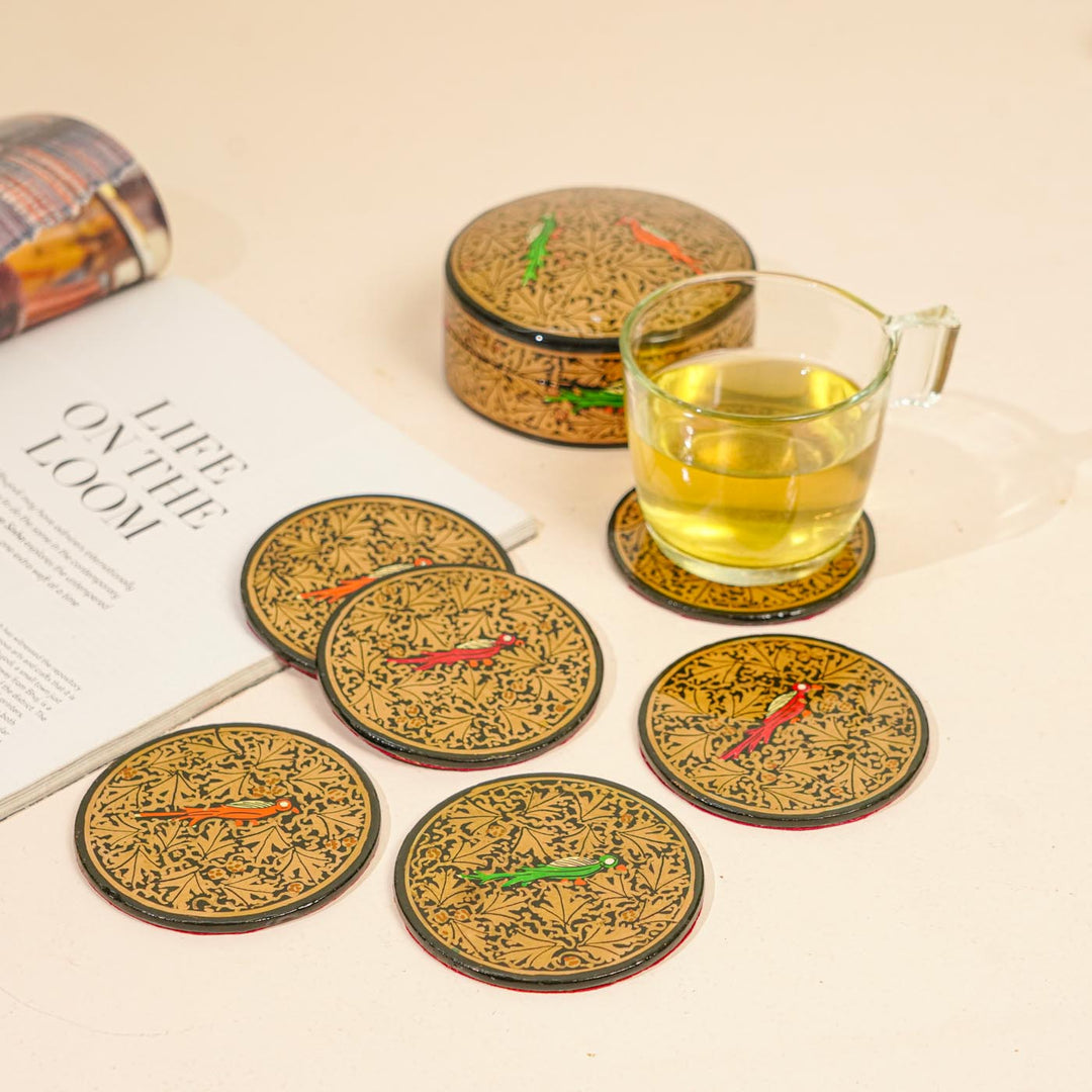 Hand-painted Bird Motif Paper Mache Coaster Set | Includes 6 Coasters, 1 Box