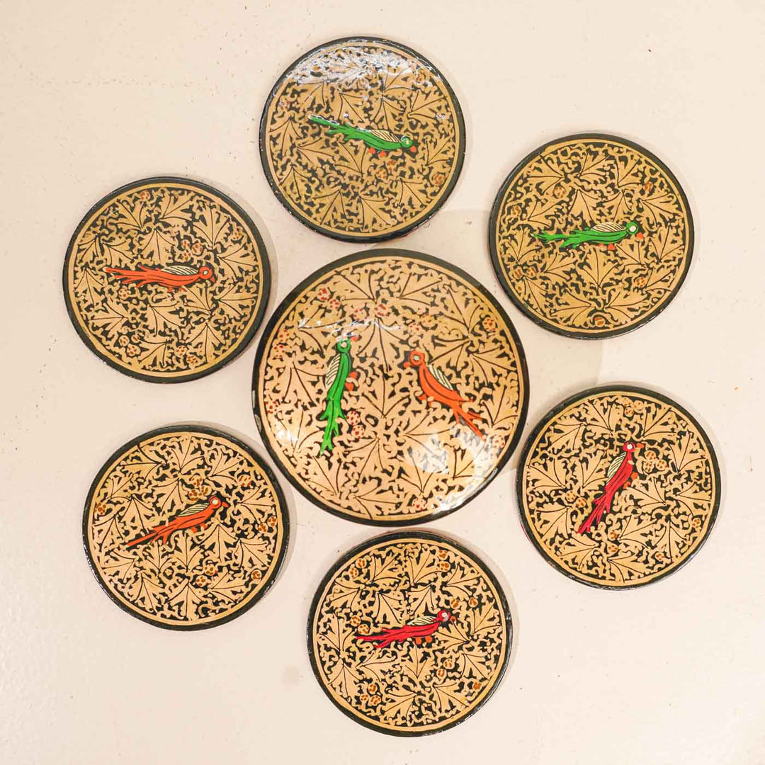 Hand-painted Bird Motif Paper Mache Coaster Set | Includes 6 Coasters, 1 Box