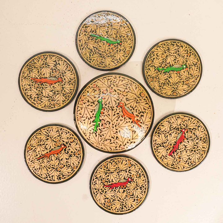 Hand-painted Bird Motif Paper Mache Coaster Set | Includes 6 Coasters, 1 Box