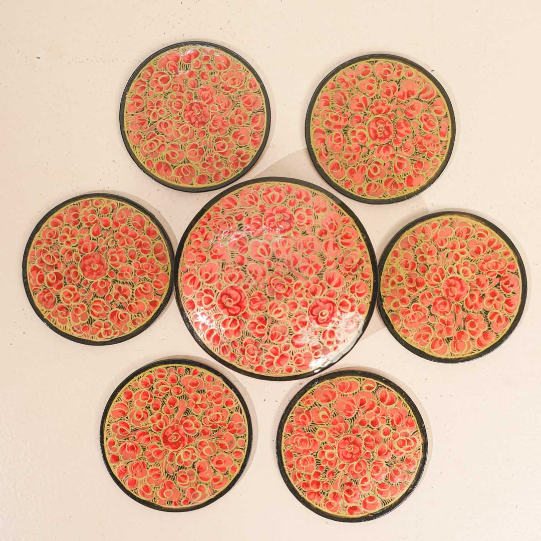 Hand-painted Red Paper Mache Coaster Set | Includes 6 Coasters, 1 Box