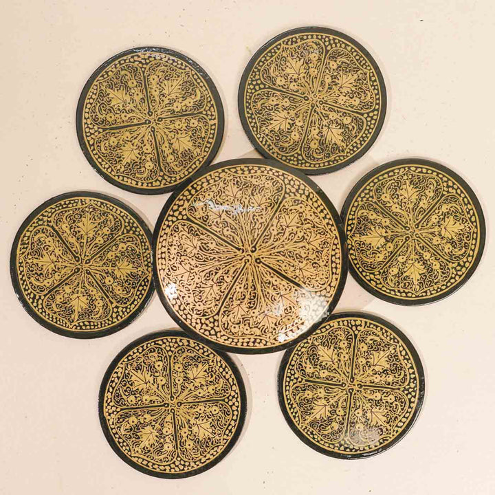 Hand-painted Black & Gold Paper Mache Coaster Set | Includes 6 Coasters, 1 Box