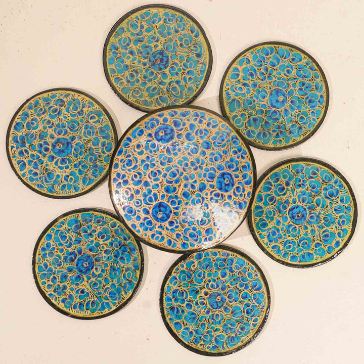 Hand-painted Blue & Gold Paper Mache Coaster Set | Includes 6 Coasters, 1 Box